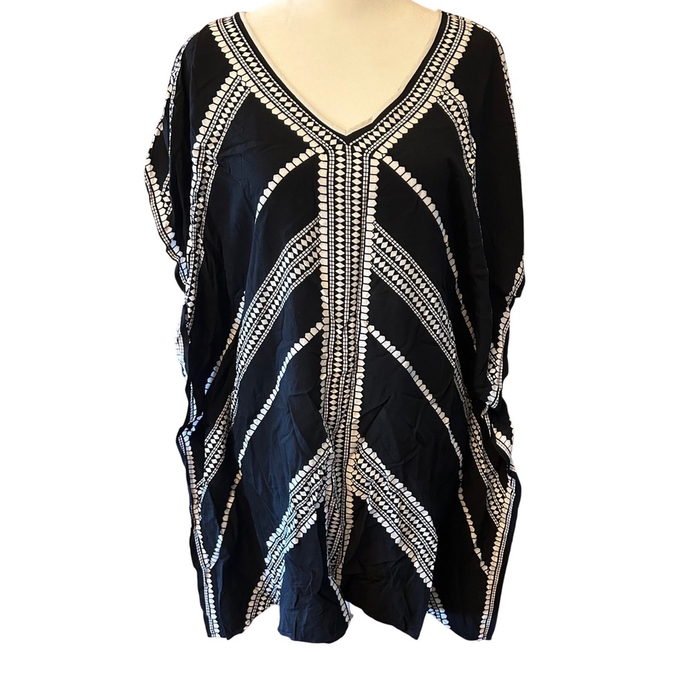 Stella & Dot Beach Kaftan Women XS/S Black White Excellent Geometric Tribal Boho